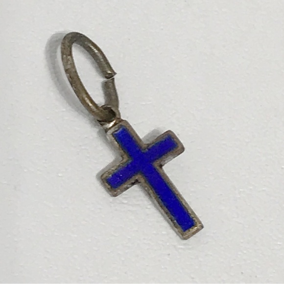 Vintage Tiny Blue Enamel Italian Cross Catholic Necklace Bracelet Pendant Charm - Picture 9 of 14